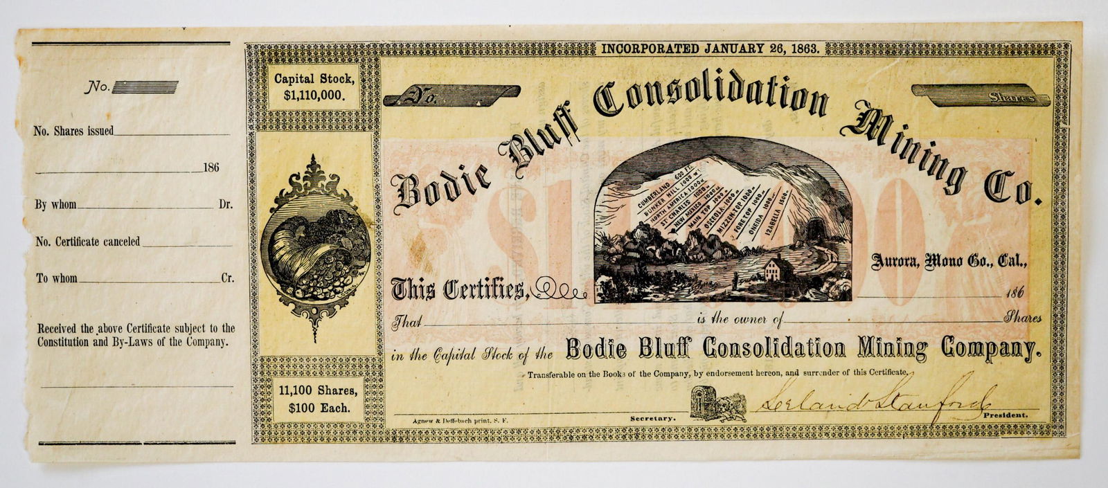 Leland Stanford Signed Bodie Bluff Mining Stock (1 of 2)