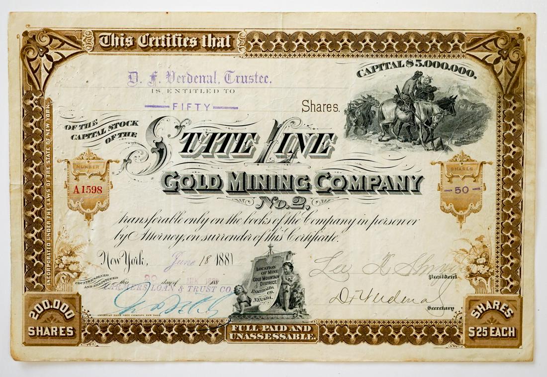 1881 State Line Gold Mining Co. Stock Certificate (1 of 2)