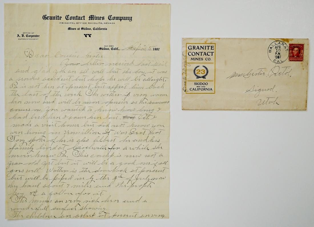 [Skidoo, California, Ghost Town, Mining] Letter: [Skidoo, California, Ghost Town, Mining] handwritten letter by A.V. Carpenter of Skidoo, California. Includes a one page letter and mailing envelope. We ship most items in this auction in house and gl