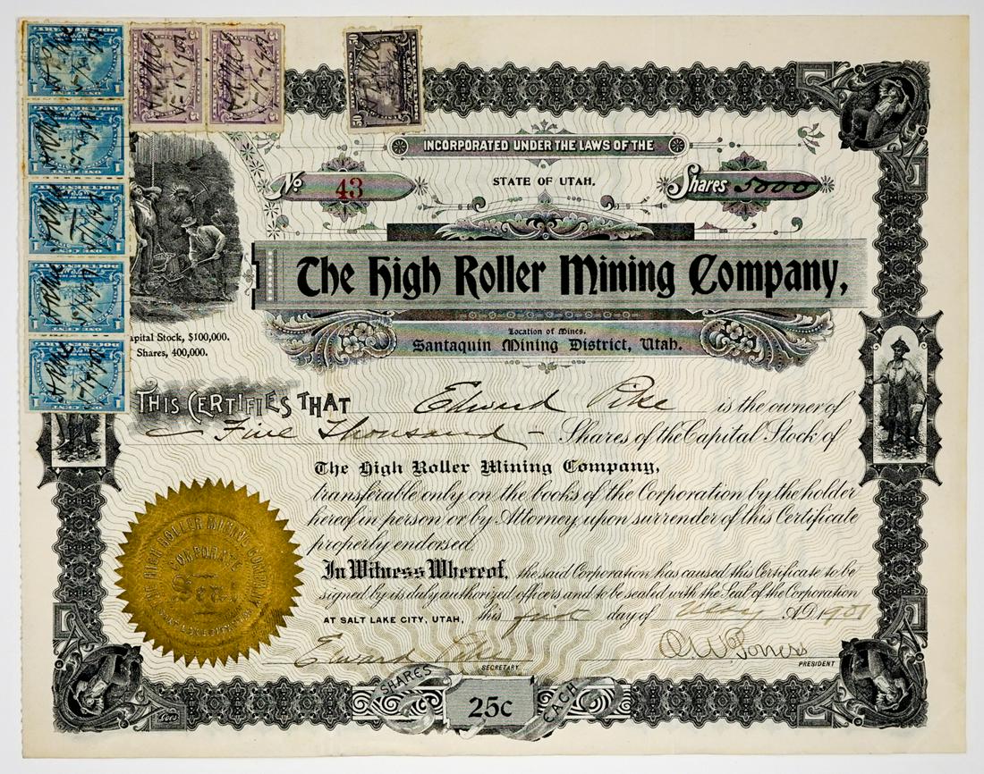 1907 The High Roller Mining Company Stock: 1907 The High Roller Mining Company stock certificate. Dated 1907, measures 8.125-in. x 10.375-in. VG-EX/EX condition. We ship most items in this auction in house and gladly combine shipping if possib