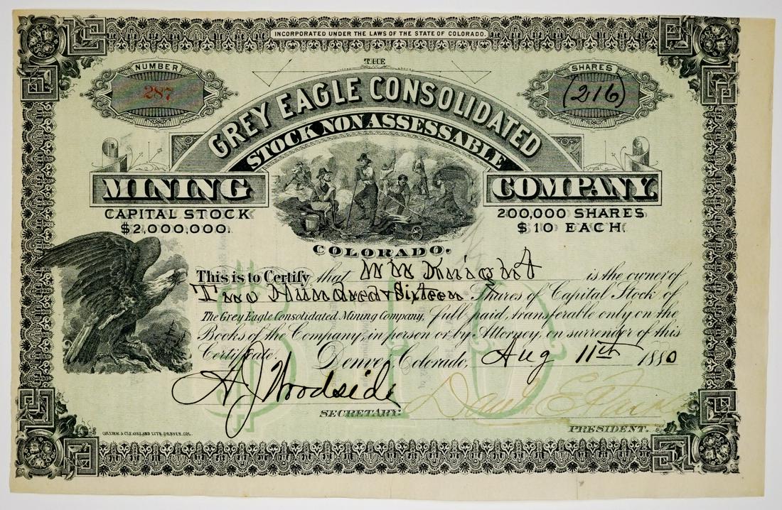 [Colorado, Mining] Grey Eagle Mining Stock 1880 (1 of 2)