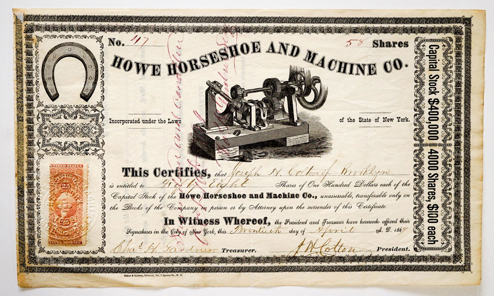 1869 Howe Horseshoe and Machine Co, Stock (1 of 2)