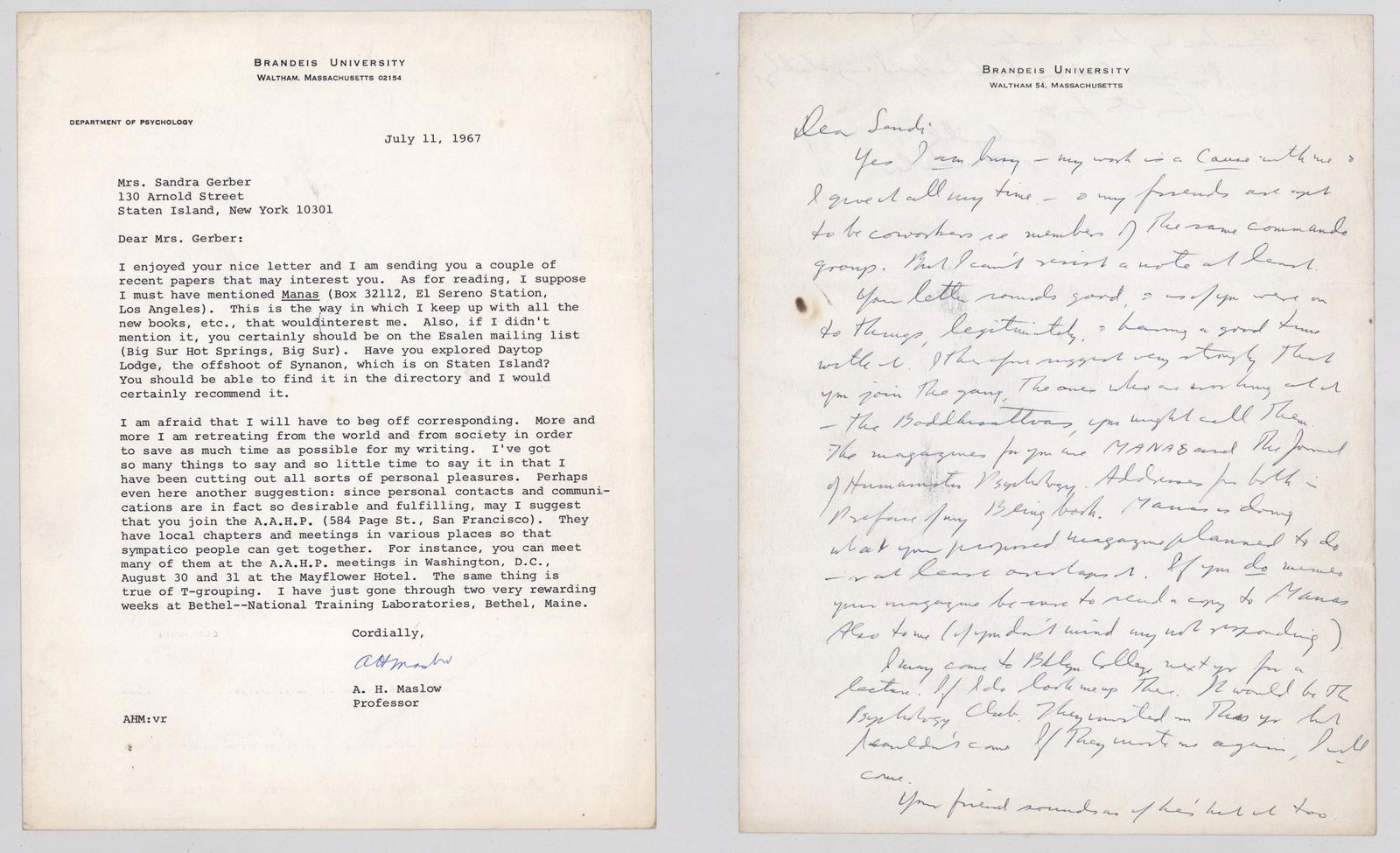 Abraham Maslow Signed Letters (2) (1 of 2)