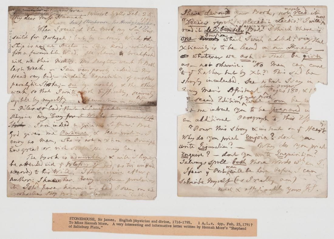 Sir James Stonhouse, 11th Baronet (1716–1795) ALS (1 of 2)