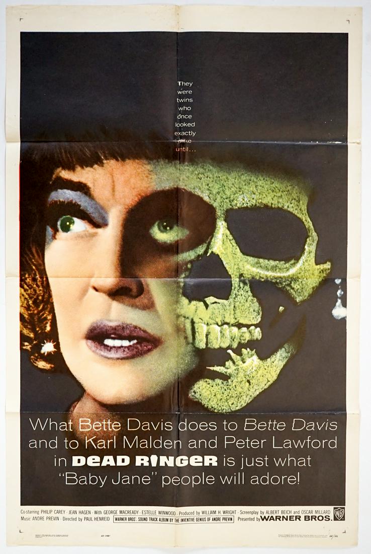 Bette Davis in The Dead Ringer (1964) 1 Sheet: Bette Davis in The Dead Ringer (1964) 1 sheet movie poster. Measures 42-in. x 27-in. G-VG/VG condition. We ship most items in this auction in house and gladly combine shipping if possible of multiple 