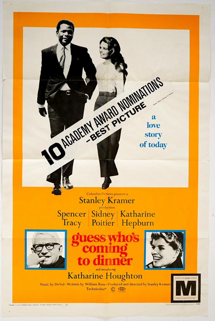 Guess Who's Coming To Dinner 1 Sheet Poster: Guess Who's Coming To Dinner 1 sheet movie poster. Measures 42-in. x 27-in. G-VG/VG condition. We ship most items in this auction in house and gladly combine shipping if possible of multiple items.