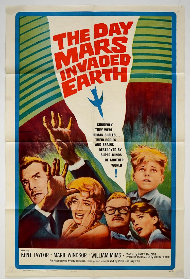 The Day Mars Invaded Earth 1 Sheet Movie Poster: The Day Mars Invaded Earth (1962) 1 sheet movie poster. Measures 42-in. x 27-in. VG/VG-EX condition. We ship most items in this auction in house and gladly combine shipping if possible of multiple ite