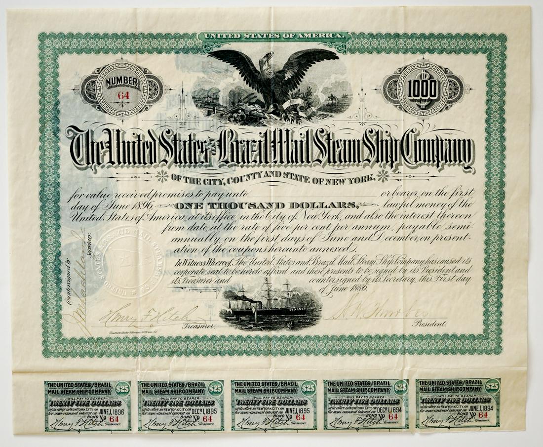 1886 U.S. and Brazil Steamship $1,000 Bond: 1886 United States and Brazil Mail Steamship $1,000 Bond. Measures approximately 10.5-in. x 12.75-in. VG-EX/EX condition. We ship most items in this auction in house and gladly combine shipping if pos