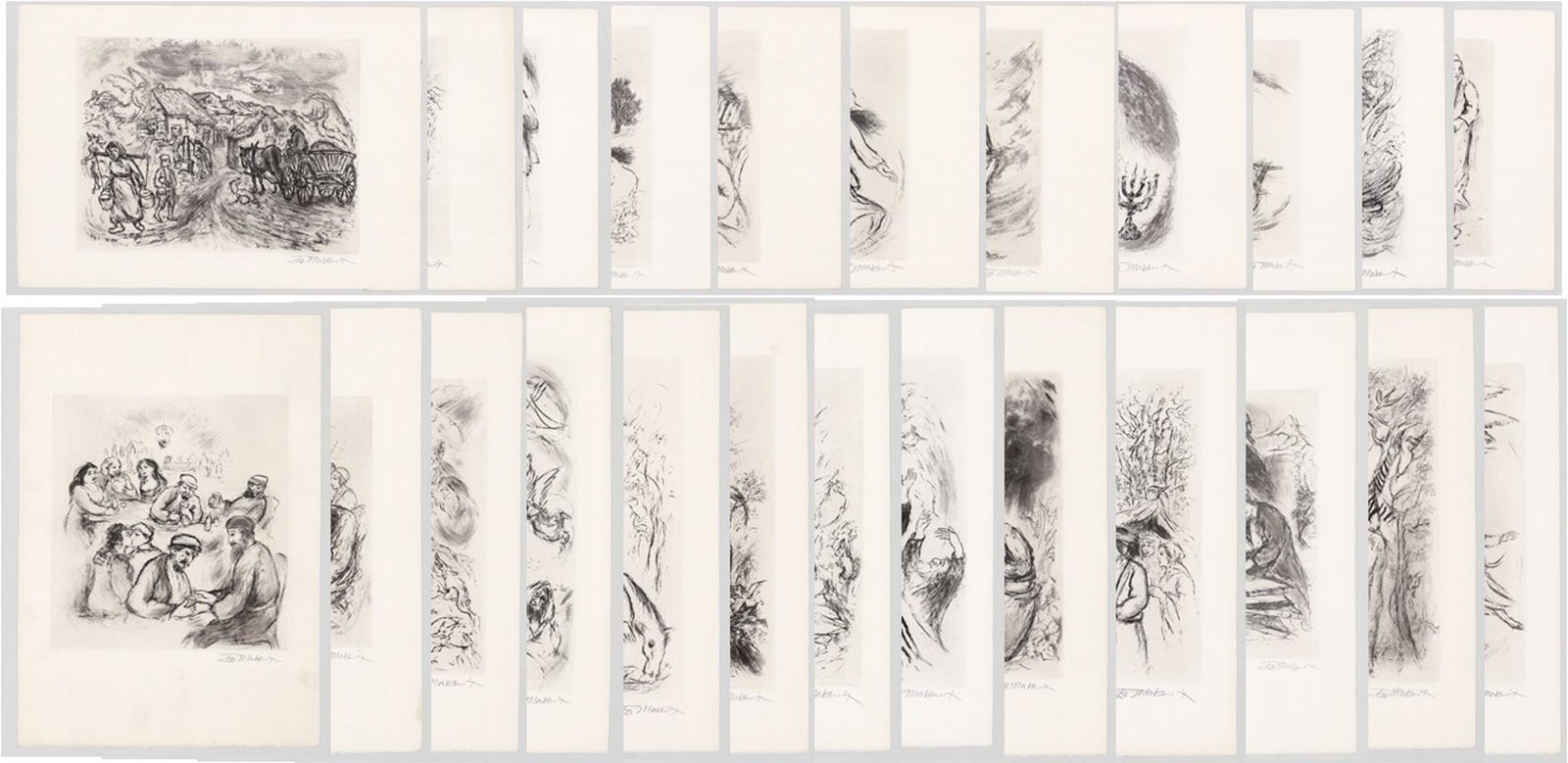 Ira Moskowitz Reaches of Heaven [Judaica]: Ira Moskowitz (New York, Poland 1912 - 2001) signed portfolio, 'Reaches of Heaven: A Story of the Baal Shem Tov' by Isaac Bashevis Singer. Twenty-four (24) original etchings by Ira Moskowitz. Publishe