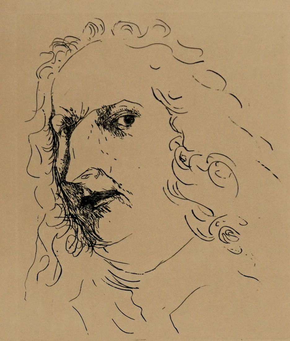 Leonard Baskin Etching [Portrait]: Leonard Baskin (Massachusetts, New York 1922 - 2000) etching. Signed by artist in pencil lower right. Title 'Watteau' in pencil lower left. Numbered '53/70' in pencil lower center. Measures 17.75-in.
