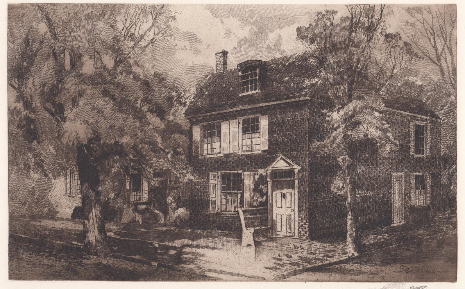 Robert Shaw Etching [Betsy Ross House]: Robert Shaw (Delaware 1859 - 1912) etching. Signed in plate lower right. Mini-sketch (remarque) of original American flag lower right. Measures 8-in. x 12.875-in. image size, 16.5-in. x 21.625-in. she