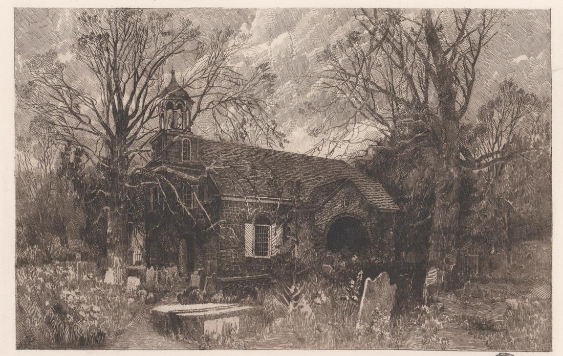 Robert Shaw Etching [Old Swedes Church, Delaware]: Robert Shaw (Delaware 1859 - 1912) etching. Signed by artist in pencil lower left. Mini-sketch (remarque) of minister lower right. Measures 7.875-in. x 12.375-in. image size, 16.5-in. x 21.625-in. she
