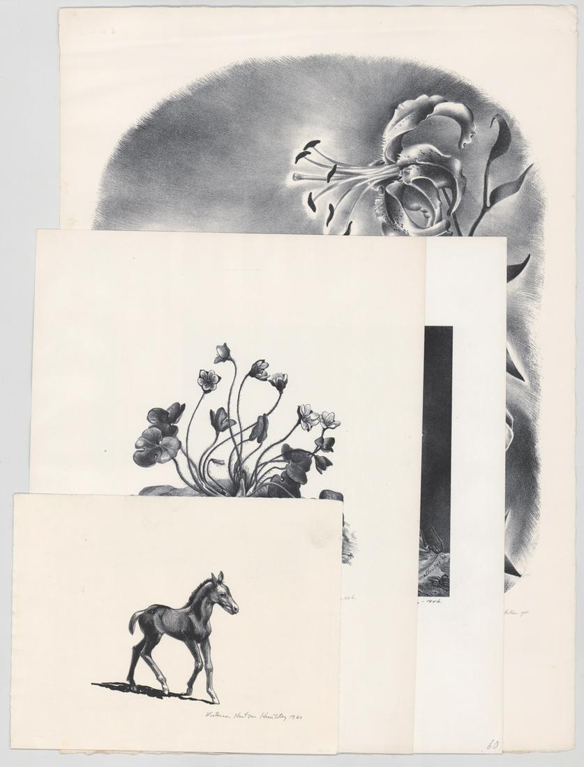 Victoria Huntley Lithographs [Foal, Floral]: Four (4) Victoria Ebbels Hutson Huntley (New York, New Jersey, Connecticut 1900 - 1971) lithographs. All signed by artist and dated in pencil lower right. Two of the florals are signed and dated in pl