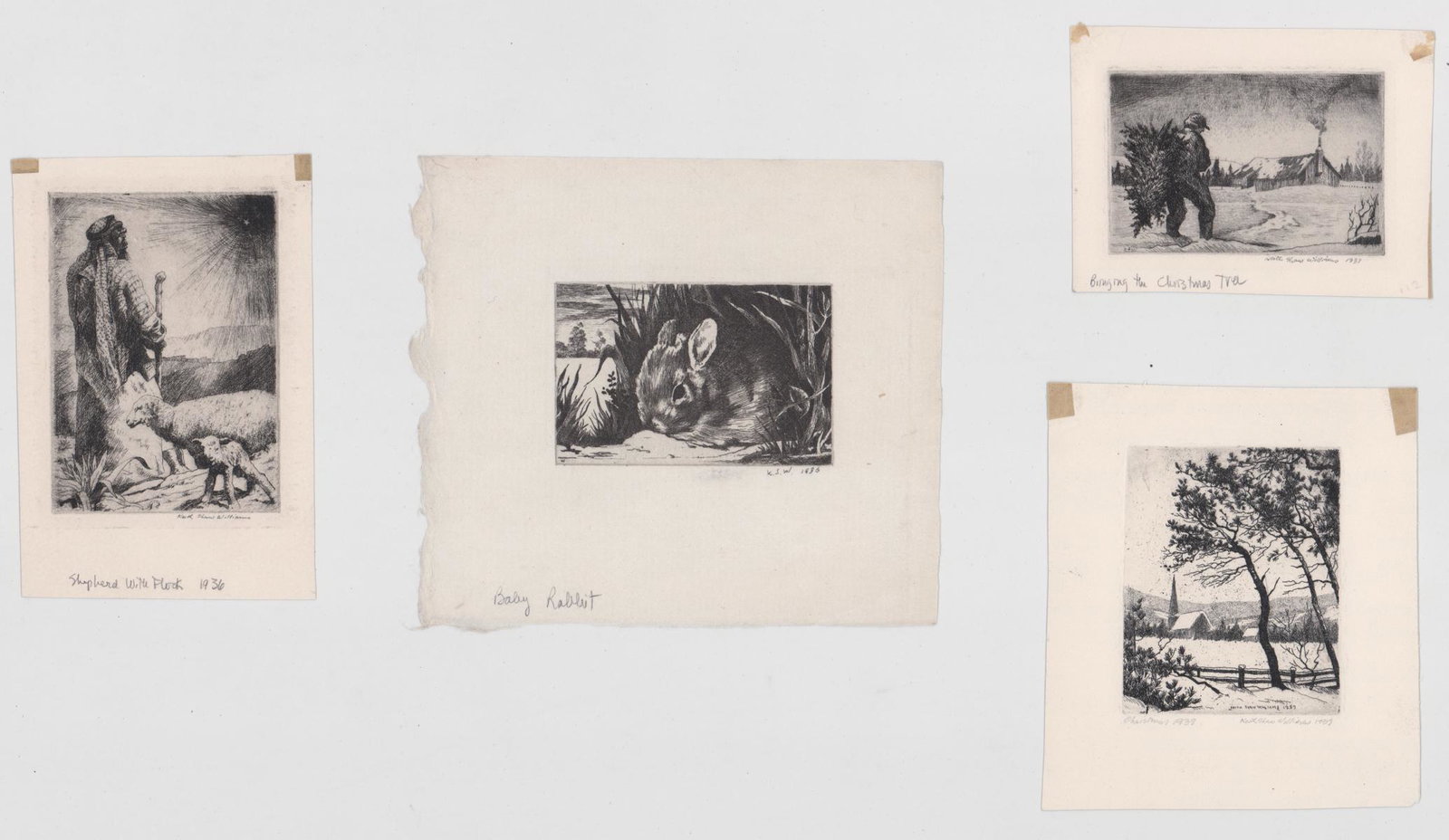 Keith Shaw Williams Etchings [Christmas, Bunny]: Four (4) Keith Shaw Williams (New York, Michigan 1906 - 1951) small etchings. Three signed by artist in pencil, the other initialed. The smallest measures 2.875-in. x 3.875-in. sheet size, the largest