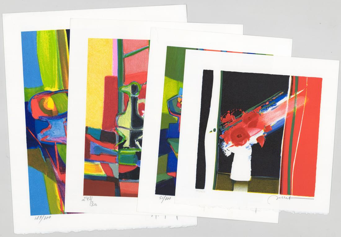 Mouly/Plus Lithographs [Abstract]: Four (4) colorful lithographs by two artists. Three (3) by Marcel Mouly (France 1918 - 2008) and one illegibly signed, all in pencil lower right. All numbered ('331/450', '50/300', '247/300' and '127/