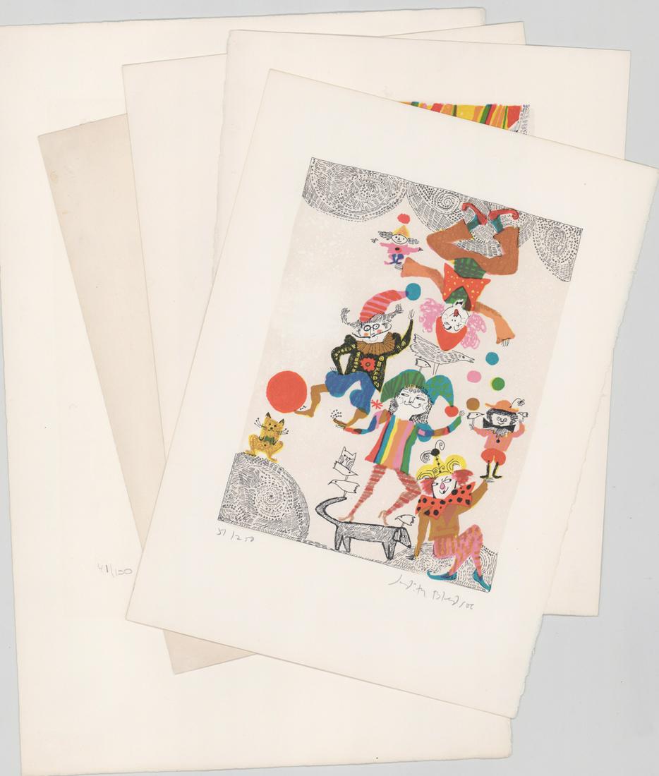 Judith Bledsoe Etchings [Lady, Animals, Circus]: Five (5) Judith Bledsoe (California, Europe b. 1938) etchings. All signed by artist in pencil lower right. All numbered ('41/150', '51/250', '195/250', '15/175' and '166/175') in pencil lower left. Fo