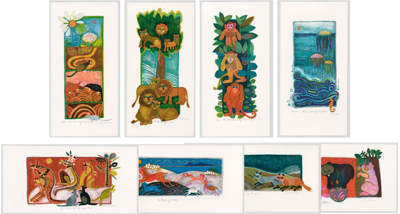 Judith Bledsoe Etchings [Animal Groupings]: Eight (8) Judith Bledsoe (California, Europe b. 1938) etchings of animal groupings. All signed by artist in pencil lower right. All numbered and titled in pencil, lower left and lower center respectiv