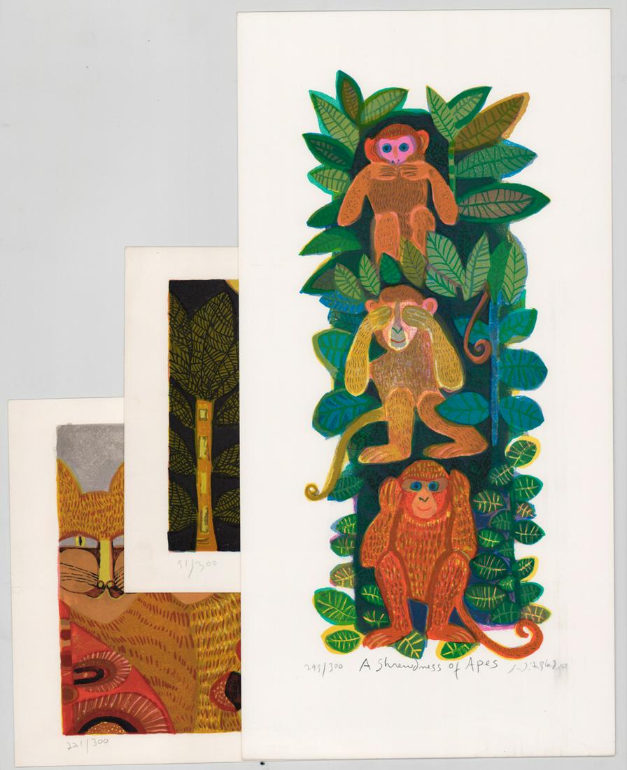 Judith Bledsoe Etchings [Animals, Owls]: Three (3) Judith Bledsoe (California, Europe b. 1938) etchings. All signed by artist in pencil lower right. All numbered ('51/300', '221/300' and '299/300') in pencil lower left. One titled 'A Shrewdn