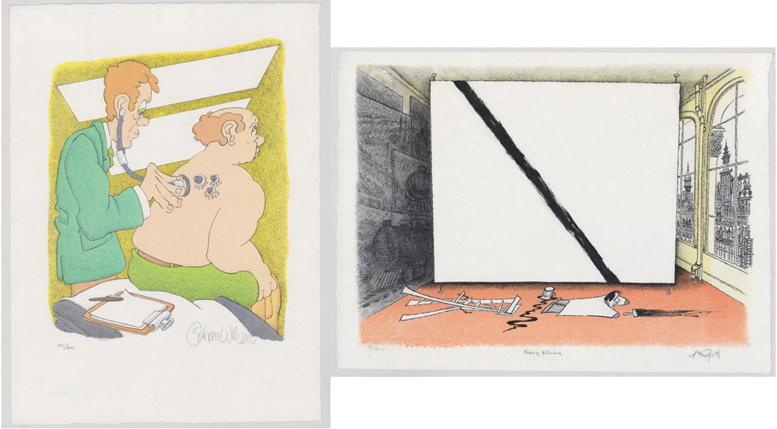 Roth/Wilson Lithographs on Woven Paper [Humor]: Two (2) lithographs on woven paper. 1) Arnold Roth (Pennsylvania, New York b. 1929) lithograph in colors. Signed by artist in pencil lower right. Numbered '38/300' in pencil lower left. Title 'Franz K
