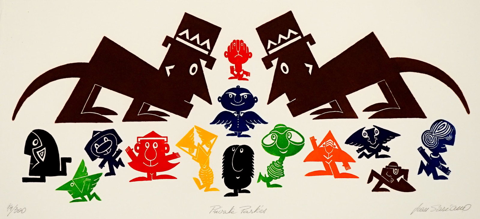 Jean Sariano Aquatint Etching [Modernist]: Jean Sariano (Algeria b. 1943) aquatint etching. Signed by artist in pencil lower right. Numbered '94/300' in pencil lower left. Title appears to read 'Private Parkes' in pencil lower center. Measures