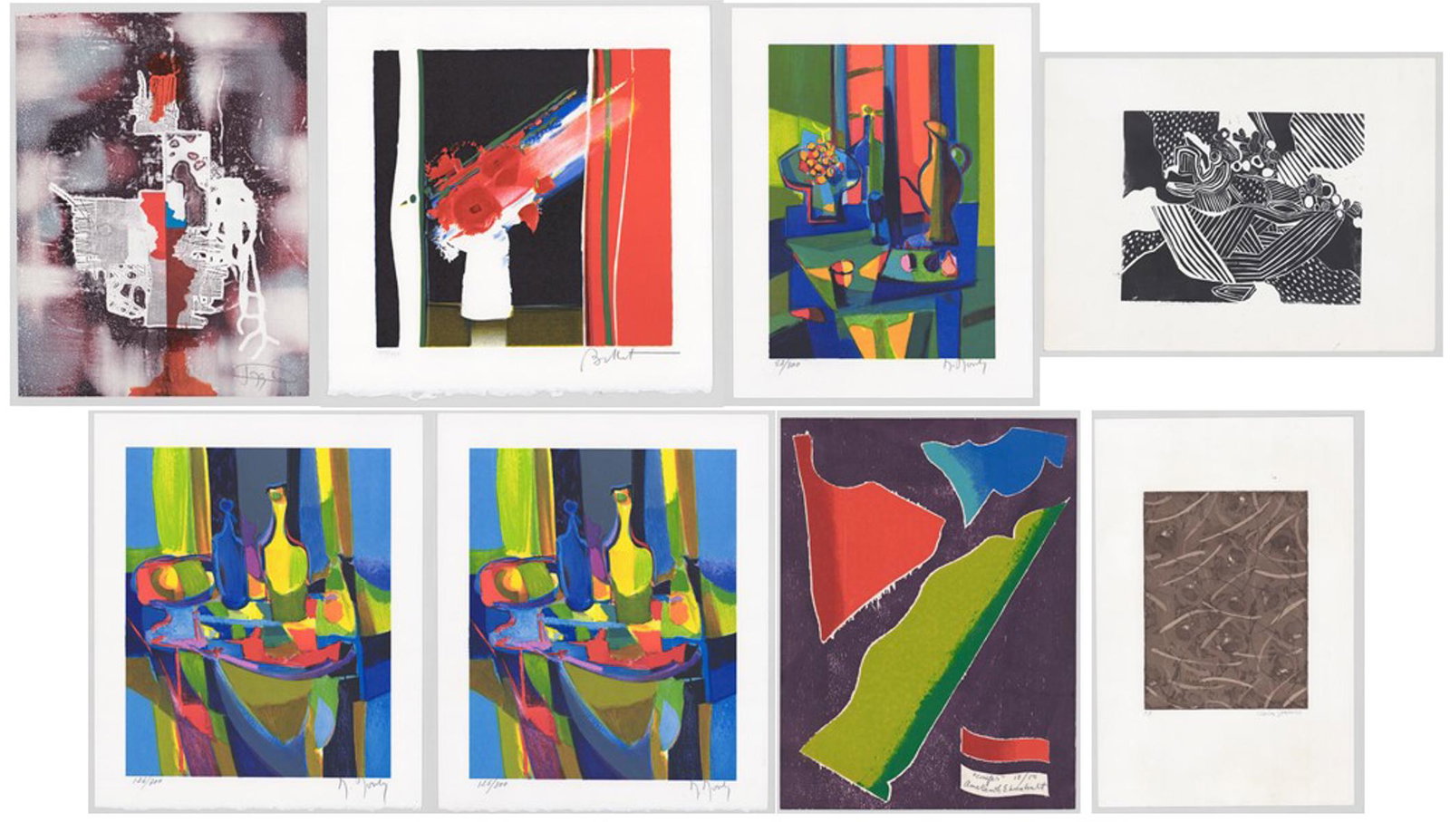 Assortment of Prints, Various Artists [Abstract]: Eight (8) assorted abstract prints, (7 images) lithographs and etchings by various artists, including Marcel Mouly (France 1918 - 2008), Laszlo Dus (California, Hungary b. 1941), Charles Semowich and 