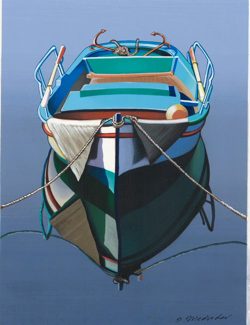 Igor Medvedev Serigraph on Canvas [Boat]: Igor Medvedev (California, New Hampshire, Germany, Russian Federation 1931 - 2015) serigraph on canvas. Signed by artist lower right. Numbered 'AP 77/80' on verso. Measures 16.625-in. x 12.5-in. image