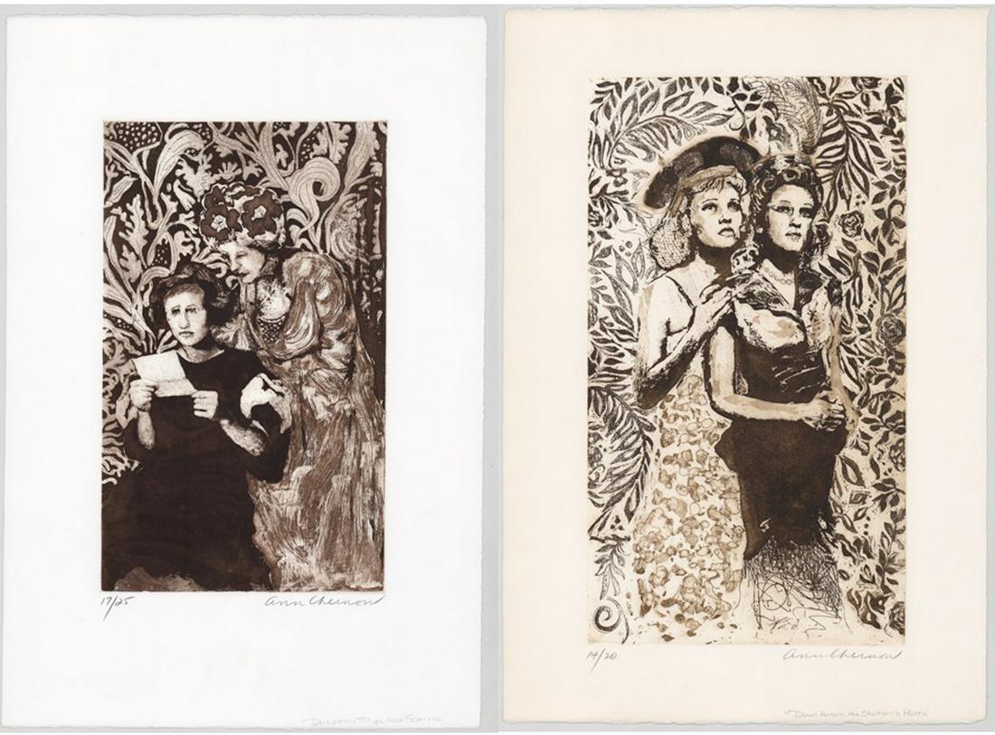 Ann Chernow Etchings [Groups]: Two (2) Ann Chernow (Connecticut b. 1936) etchings. Both signed by artist in pencil lower right. Both titled ('Do Nothing Until You Hear From Me' - Catalog Raisonne No.147, issued 1995 and 'Down Among