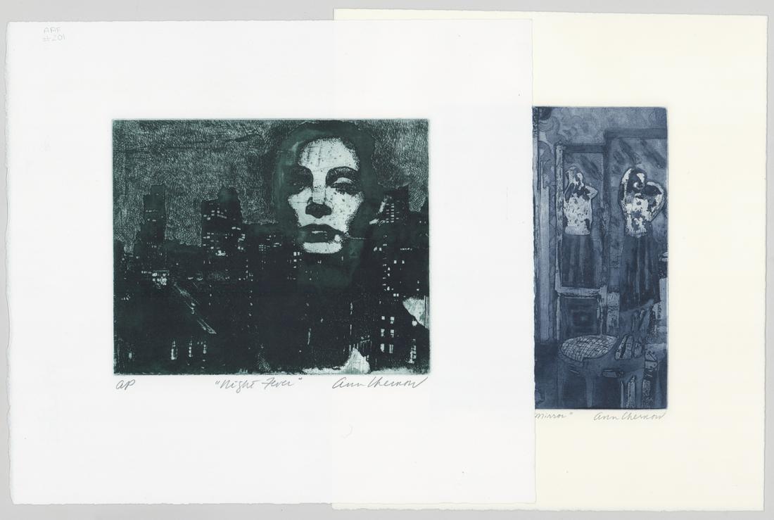 Ann Chernow Etchings [Women]: Two (2) Ann Chernow (Connecticut b. 1936) etchings. Both signed by artist in pencil lower right. Both titled ('Mirror, Mirror' and 'Night Fever') in pencil lower center. Both numbered ('5/7' and 'A.P.