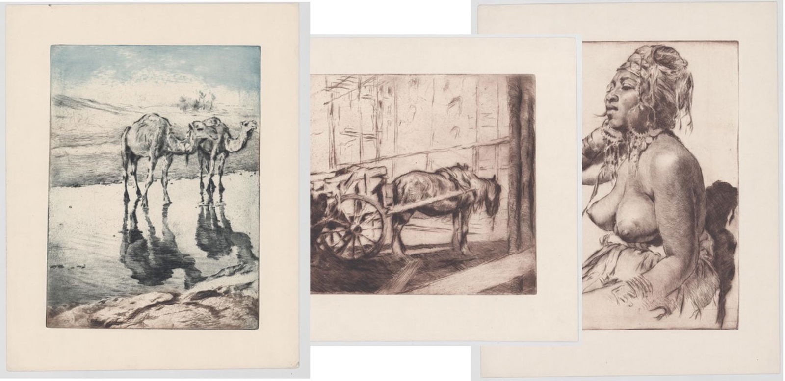 Pal Fried Etchings [Horse, Camels, Woman]: Three (3) Pal Fried (New York, California, Hungary 1893 - 1976) etchings. One with artist's initials in plate lower left. All measure 13.5-in. x 16.75-in. sheet size. In G+/VG condition. Unframed, loo