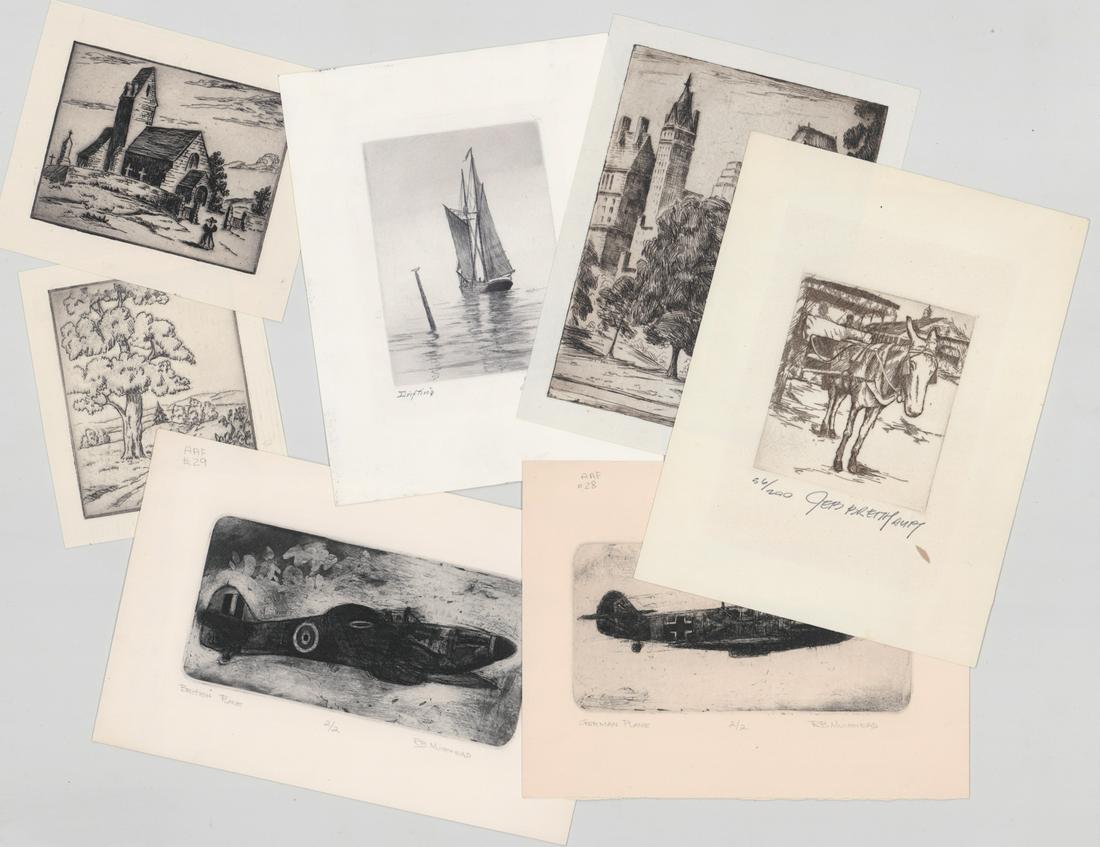 Various Artist Etchings [Buildings, Nature, Plane]: Seven (7) etchings by various artists, unsigned or illegibly signed. All in variable VG/VG+ condition. Smallest measures 5.5-in. x 4.5-in. sheet size, largest 6.125-in. x 9.25-in. sheet size. All unfr