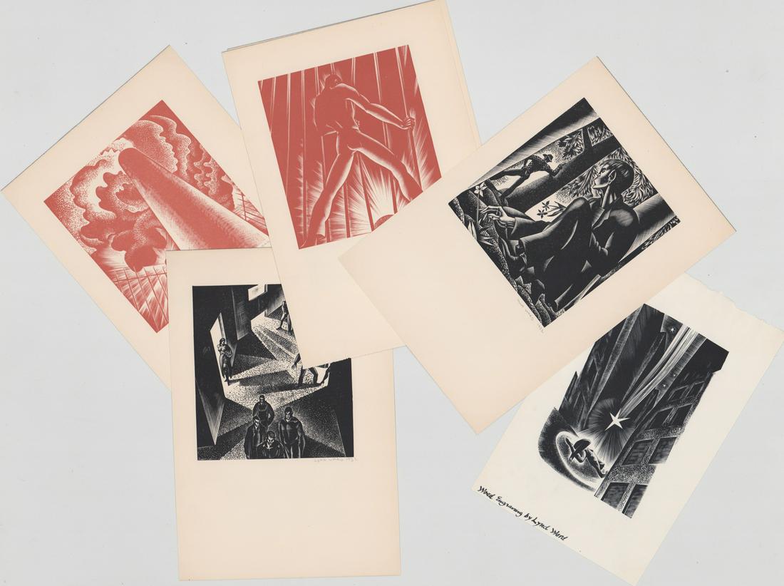 Lynd Ward Wood Engravings [Modernist People]: Six (6) Lynd Ward (New Jersey, New York, Illinois 1905 - 1985) wood engravings. Five signed and dated in pencil, lower right by unknown hand. One has artist's name written lower left of sheet. All in