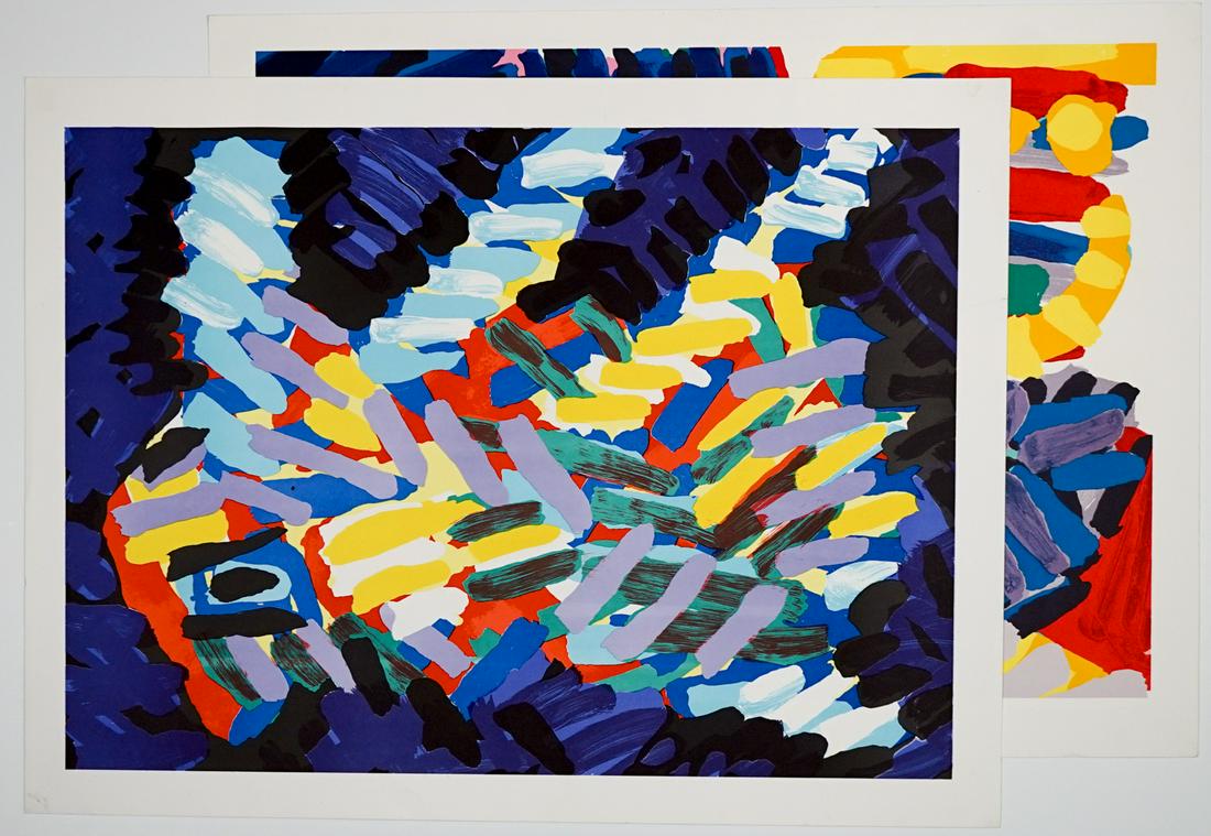 Karel Appel Lithographs [Abstract]: Two (2) Karel Christiaan Appel (1921 - 2006) lithographs, unsigned. They measure 24.25-in. x 32 in. sheet size. In G+/VG condition. Unframed, loose and not glued or mounted. If lot is absent of a cond