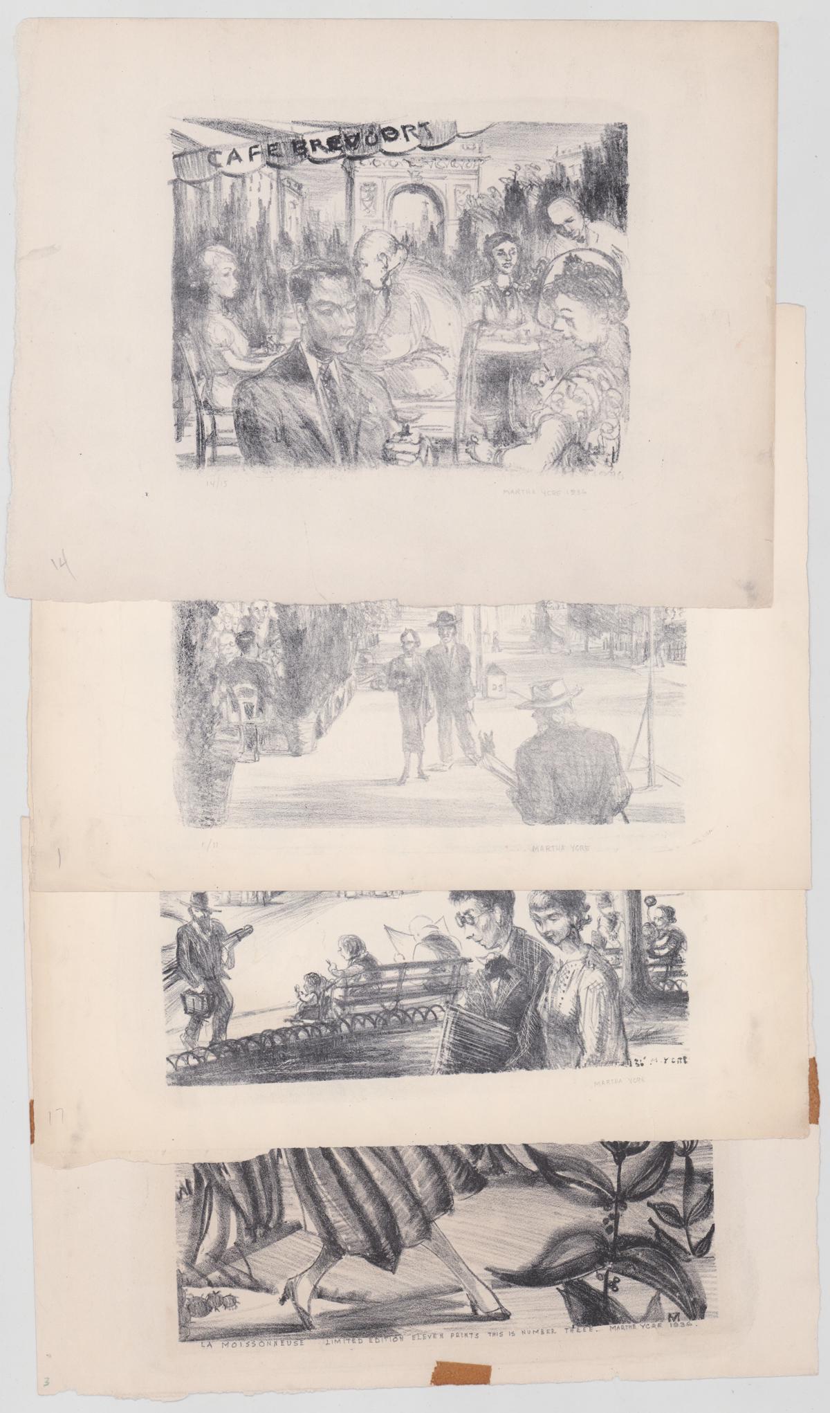 Martha A Yore Lithographs [WPA, Cafe]: Four (4) Martha A Yore (American mid 20th century) WPA-era lithographs. Two with artist's initials in plate lower right. One titled and numbered 'La Moissonneuse Limited Edition Eleven Prints This is 