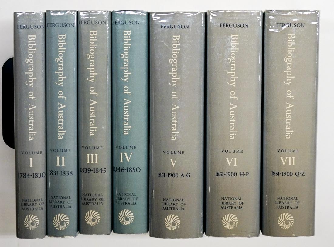 Bibliography of Australia by Ferguson, 1980 Ed.: Bibliography of Australia by John Alexander Ferguson in seven volumes. EX/EX+ condition. From a non-smoking home and free of any odors. Provenance: Vernon Gallup collection, Bigfork, Montana. If lot i