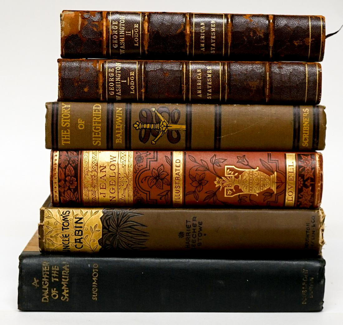 Assorted Antique (6) Books: Group of six assorted antique books. Includes: 1) Poetical Works of Jean Ingelow. 1881. 2) Story of Siegfried by James Baldwin. 1927. 3) A Daughter of the Samurai by Sugimoto. 1928. 4) George Washingt