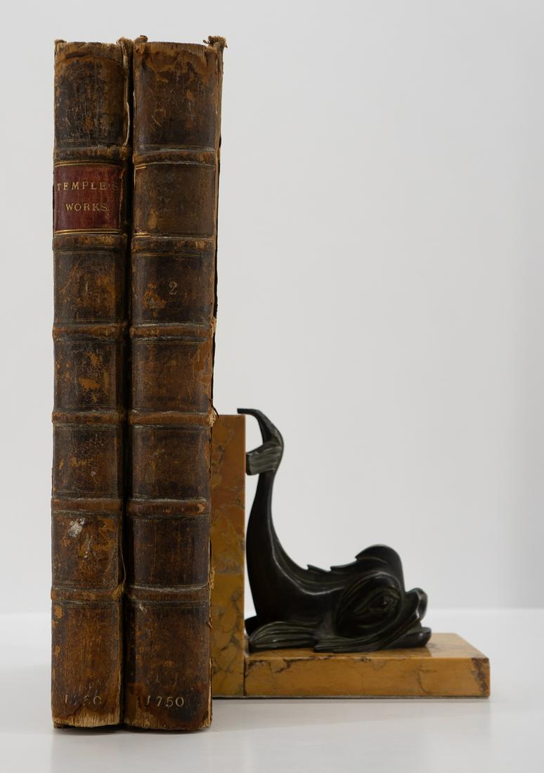 Works of William Temple (2 V) 1750: The Works of William Temple by his Particular Friend (Jonathan Swift) in two volumes. 1750. 9 in. x 14 in. x 1.5 in. each approximate. 585 pp. and 480 pp. Owner bookplate inside each front cover. Fron