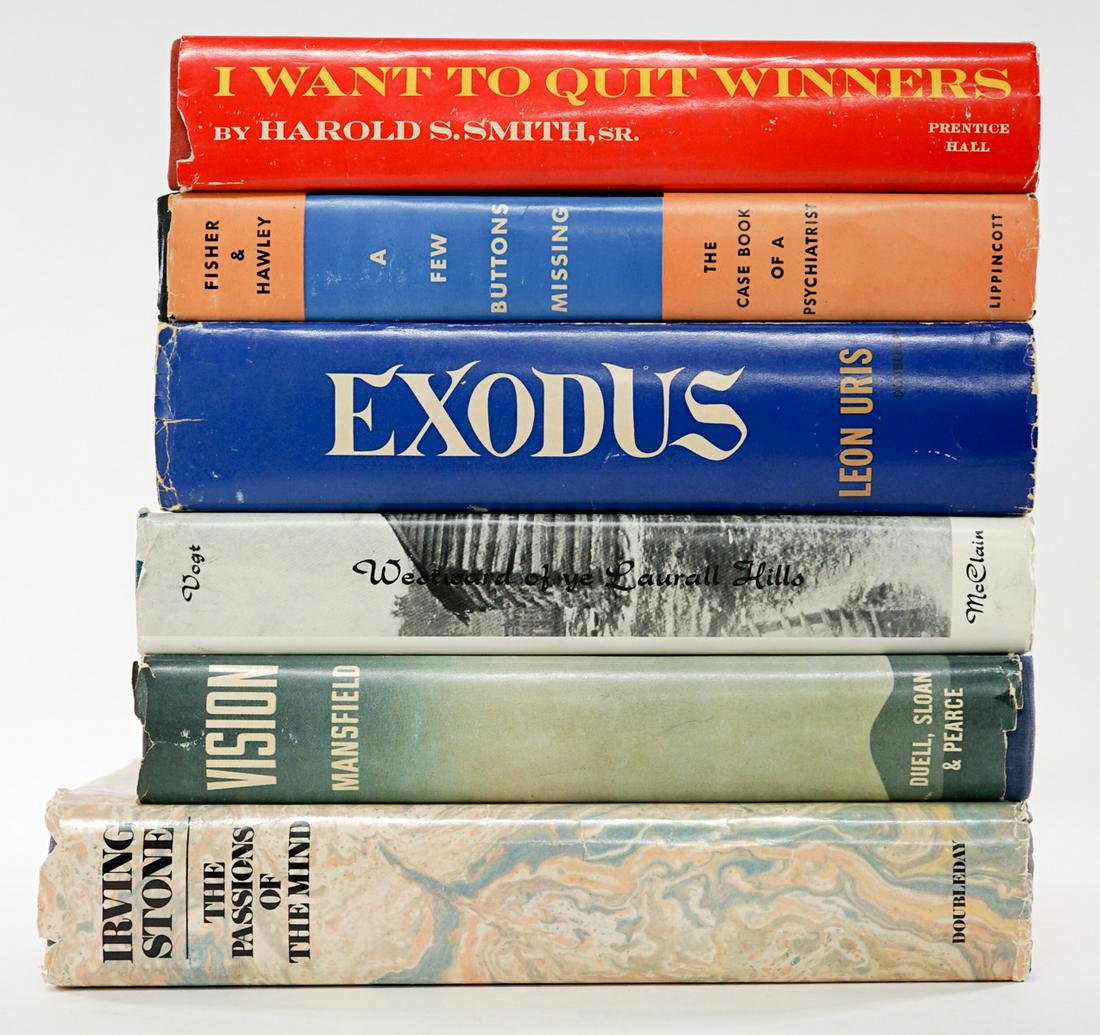 Author Inscribed (6) Books: Group of six author inscribed and signed books. Includes: Irving Stone, Leon Uris, Harold Smith and others. Group measures 9.5 in. x 7 in. x 10 in. If lot is absent of a condition report a condition r