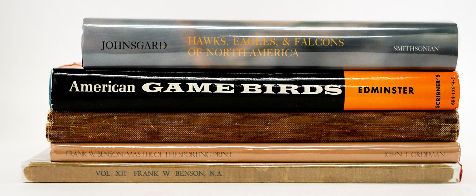 Birds (5) Books: Group of five books of birds with illustrations. Includes: 1) Wing Shots by Simmons. 1936. Numbered 112/950. 2) Frank W. Benson; Master of the Sporting Print by John T. Ordeman. LTD 577/1000 and autho