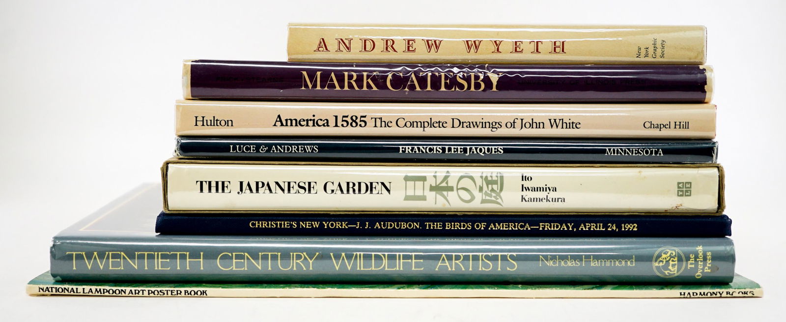 Art (8) Books: Group of eight illustrated art books. Includes: 1) Mark Catesby The Colonial Audubon. 1961. 2) Andrew Wyeth. 3) The Japanese Garden. 4) National Lampoon; Art Poster Book. Softcover. ... and more. Grou