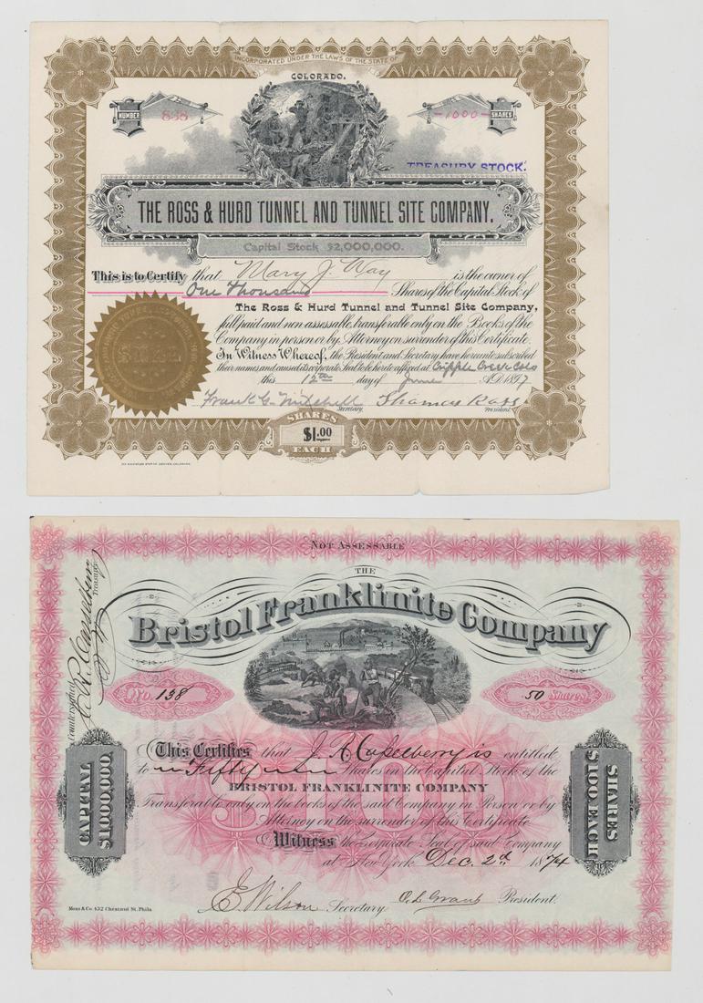 Ross and Hurd, Bristol Franklinite Certificates: Ross and Hurd and Bristol Franklinite stock certificates. They measure approximately 8-in. x 10.5-in. VG/VG-EX condition. We ship most items in this auction in house and gladly combine shipping if pos