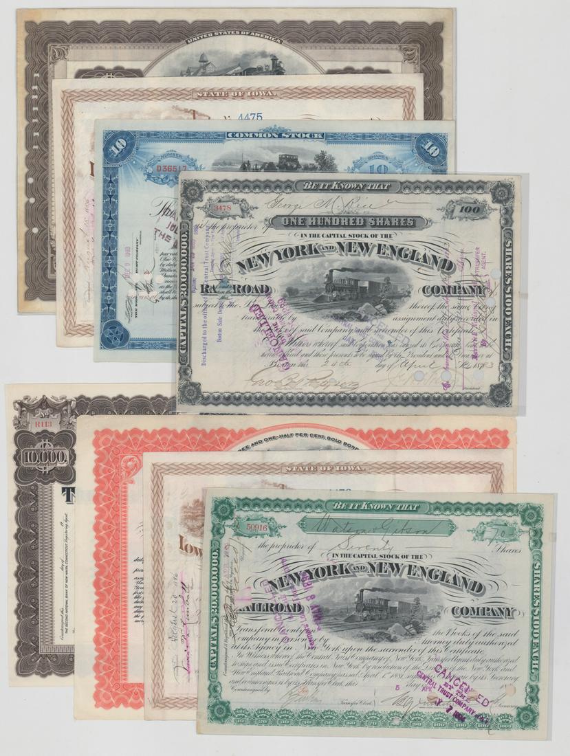 Eight Old Railroad Stock Certificates: Eight old Railroad Stock Certificates. We ship most items in this auction in house and gladly combine shipping if possible of multiple items. Provenance: David Cressey Collection.