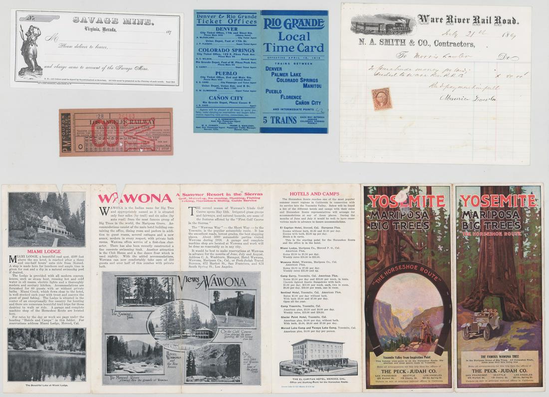Group of Railroad Ephemera: A group of mostly railroad ephemera with one mining stock. We ship most items in this auction in house and gladly combine shipping if possible of multiple items. Provenance: David Cressey Collection.