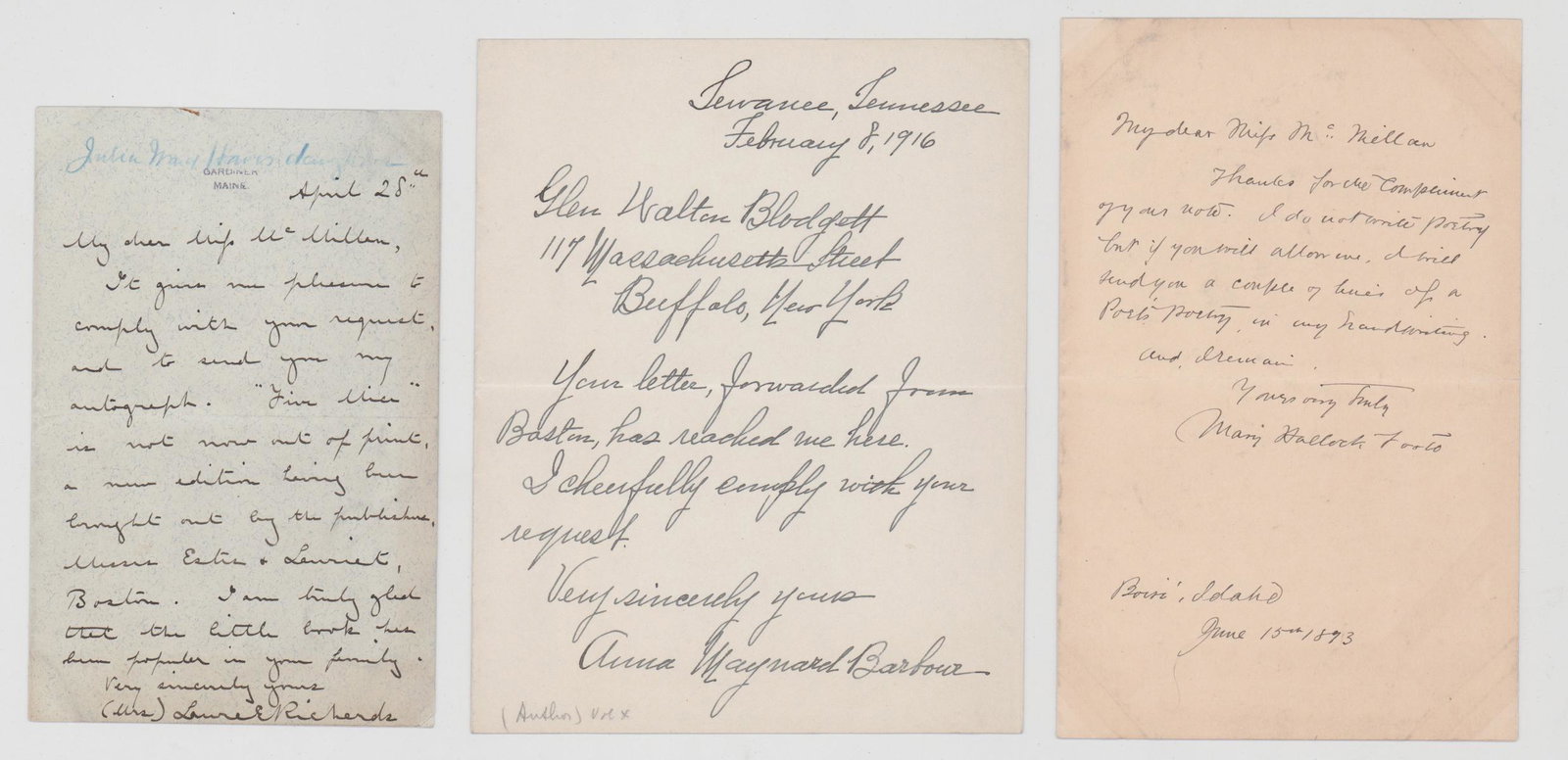 Female Authors ALS (3): Female authors signed letters. Includes Laura Richards, Anna Maynard Barbour and Mary Hallock Foote. Provenance: Estate of Russell Johanson, Ravenna Rare Books, Seattle, Washington. We ship most items