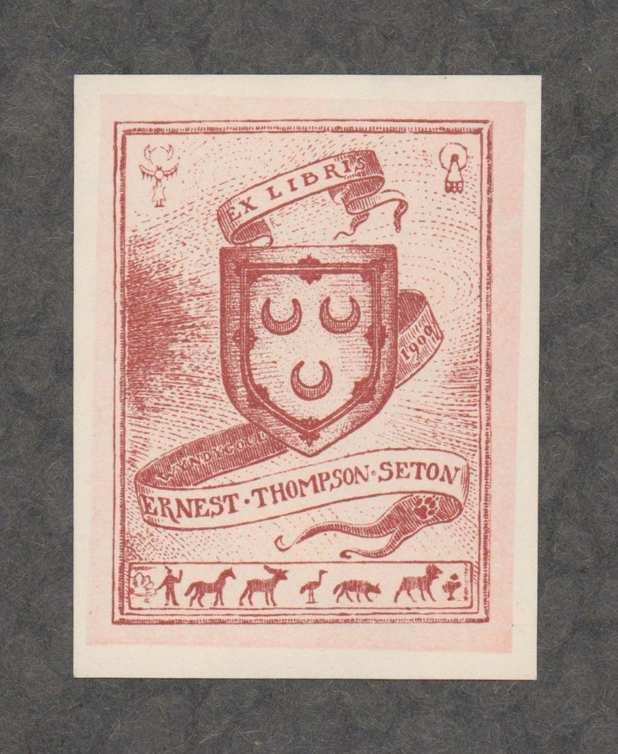 Ernest Thompson Seton Bookplate: Ernest Thompson Seton bookplate. Measures 3.125-in. x 2.5-in. Tipped along top edge to sheet. From a non-smoking home and free of any odors. Provenance: Vernon Gallup collection, Bigfork, Montana. If 