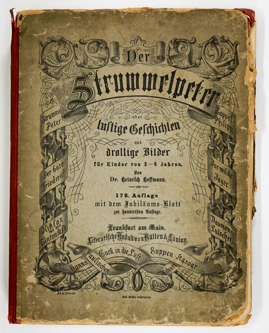 Heinrich Hoffman Struwwelpeter Color Illustrated: Henrich Hoffman color illustrated Der Struwwelpeter. German language. Undated children's book. 24 pages. Paper boards. Spine cover detached. Measures 10.5 in. x 8 in. x .75 in. Provenance: Estate of R