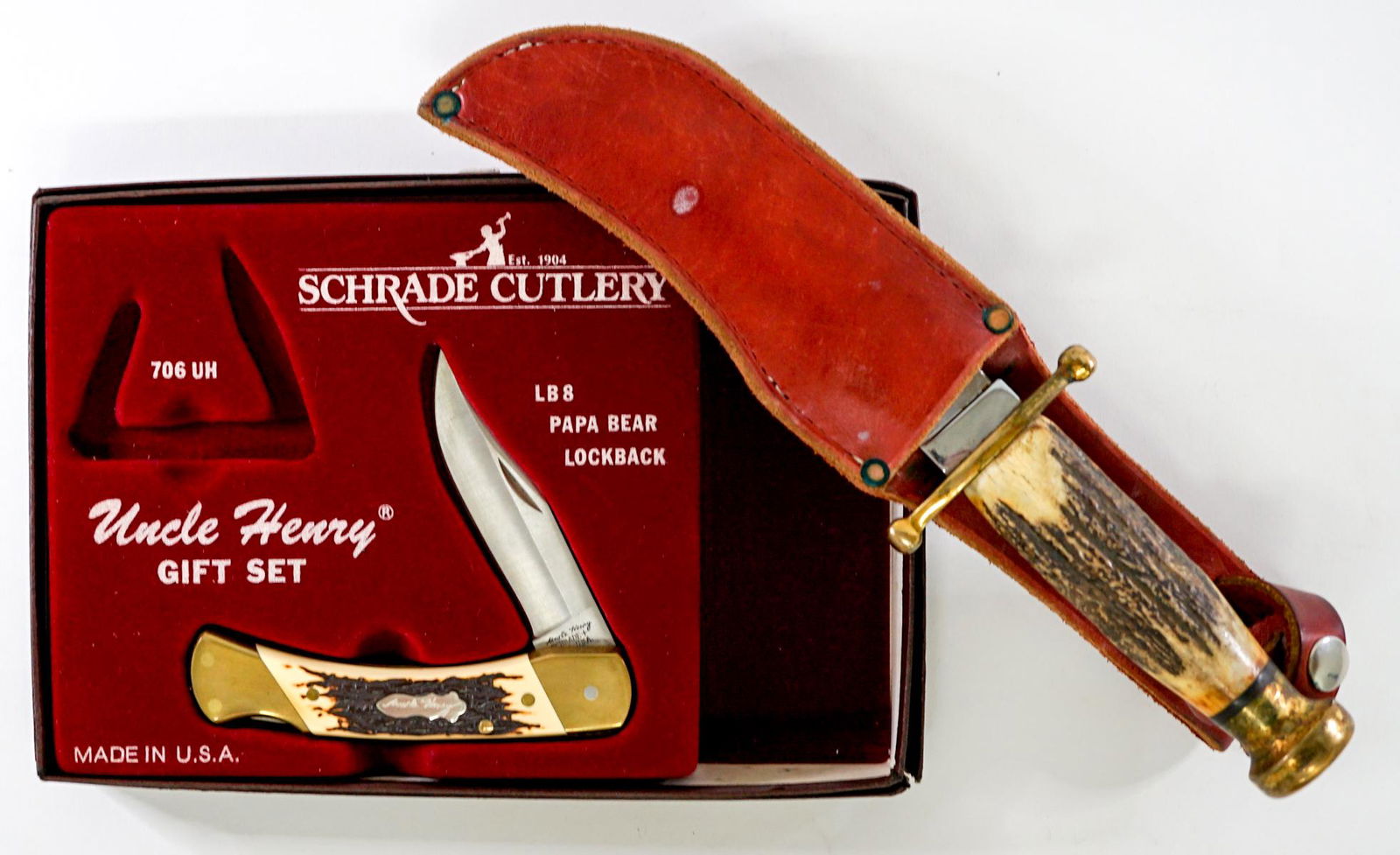 Schrade Uncle Henry, Case XX Kodiak Knife: Schrade Uncle Henry Gift Set minus the pocket knife and minus the holster for the larger folding knife and a Case Kodiak sheath knife. Folding knife in Mint, unused, Case Kodiak is in very good condit