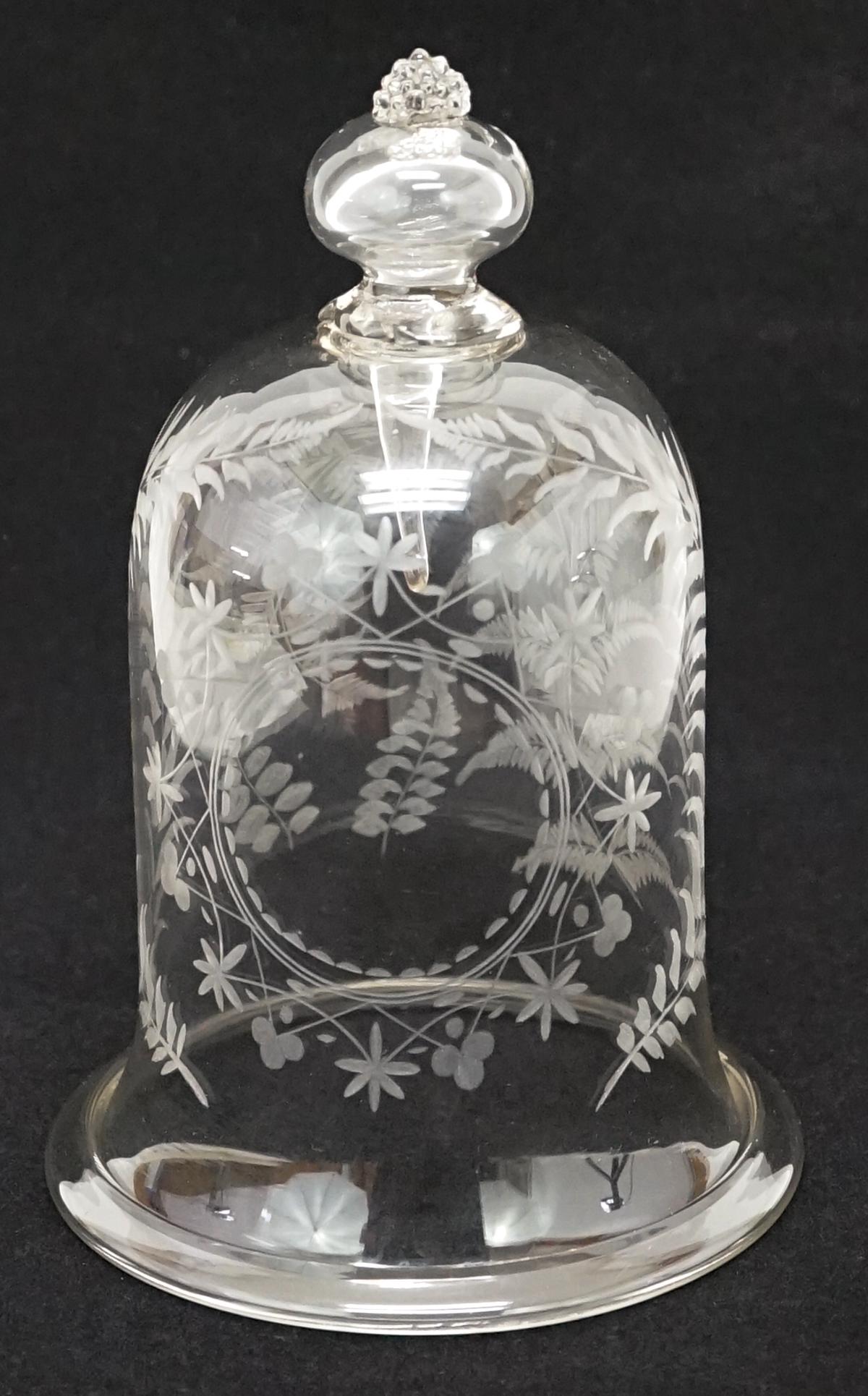 Etched Glass Pocket Watch Dome Holder: Etched glass pocket watch display. Hand blown glass, an attractive glass dome that allows for the watch to hang in centered area. Measures 8.5 inches x 5.5 inches. Excellent condition with no cracks,
