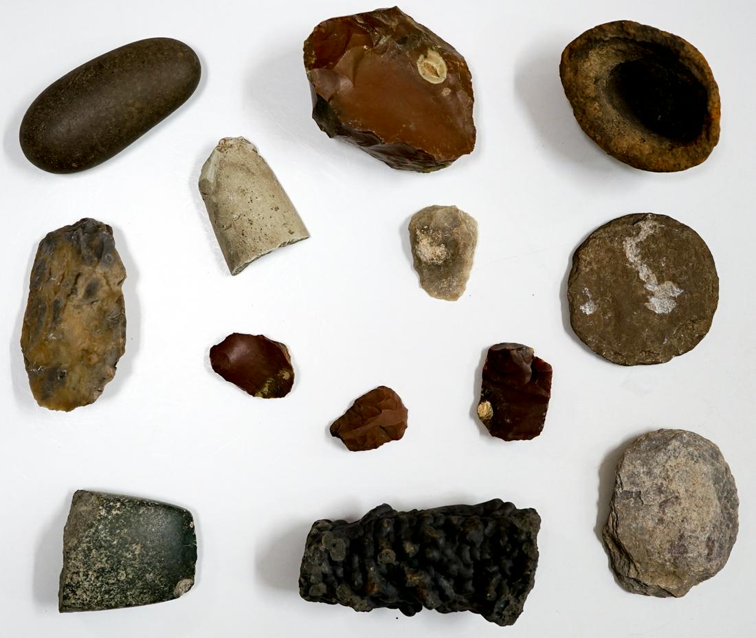 [Idaho] Native American Stone Implements: [Idaho] A collection of Native American stone implements including various grinders, arrow straighteners, pestle found by Mr. Siepert in Idaho years ago. Sizes vary, ranging 1.75-in. to 4-in. Provenan