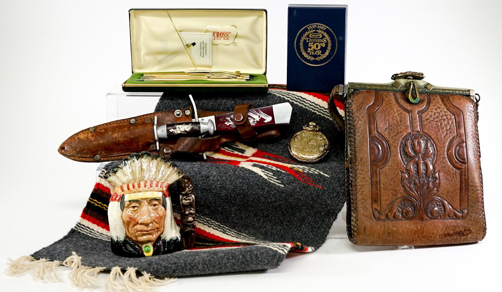 Estate Lot with Pens, Knives and more: An estate lot with tooled leather bag, knife set, Cross S & H Green Stamps pen set (MIB), Royal Doulton toby mug and more. No damage. If lot is absent of a condition report a condition report may be r