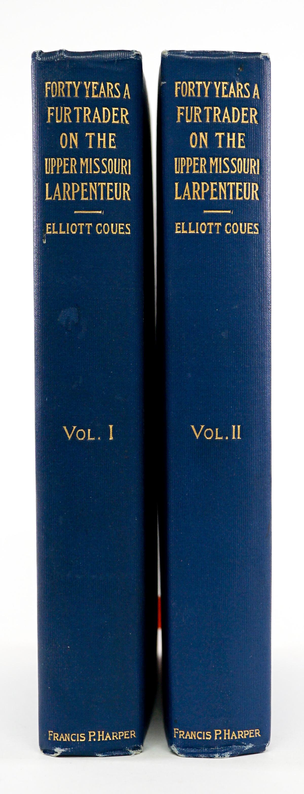 Forty Years Fur Trader by Coues LTD: Forty Years a Fur Trader on the Upper Missouri by Elliott Coues in two volumes. 1898 limited edition numbered '819' of 950 copies. Francis P. Harper, New York. 473 pp. Illustrated. Blue cloth with gil